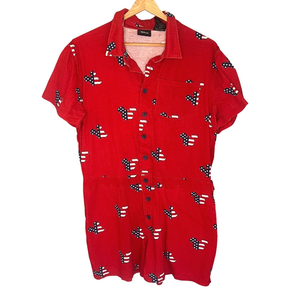 Disney‎ Mickey Mouse American Flag USA Romper Red Cotton Button Front Medium 4th